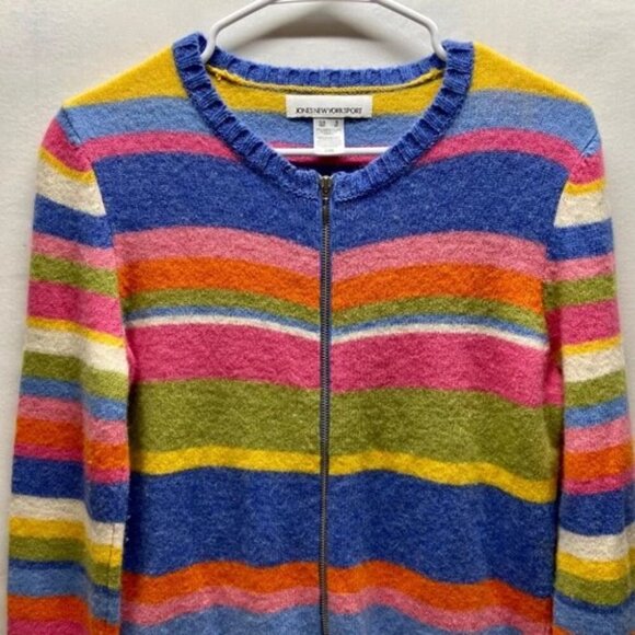 Jones New York Sport Full Zip Cardigan Women's Small Colorful Stripes Wool EUC - Picture 2 of 11